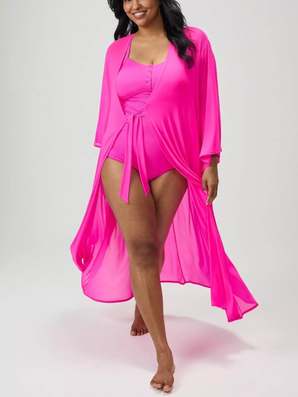 Torrid Swim Cover Up 5/6X Hot Pink Mesh Open Cardigan Tie Front Maxi Plus Size